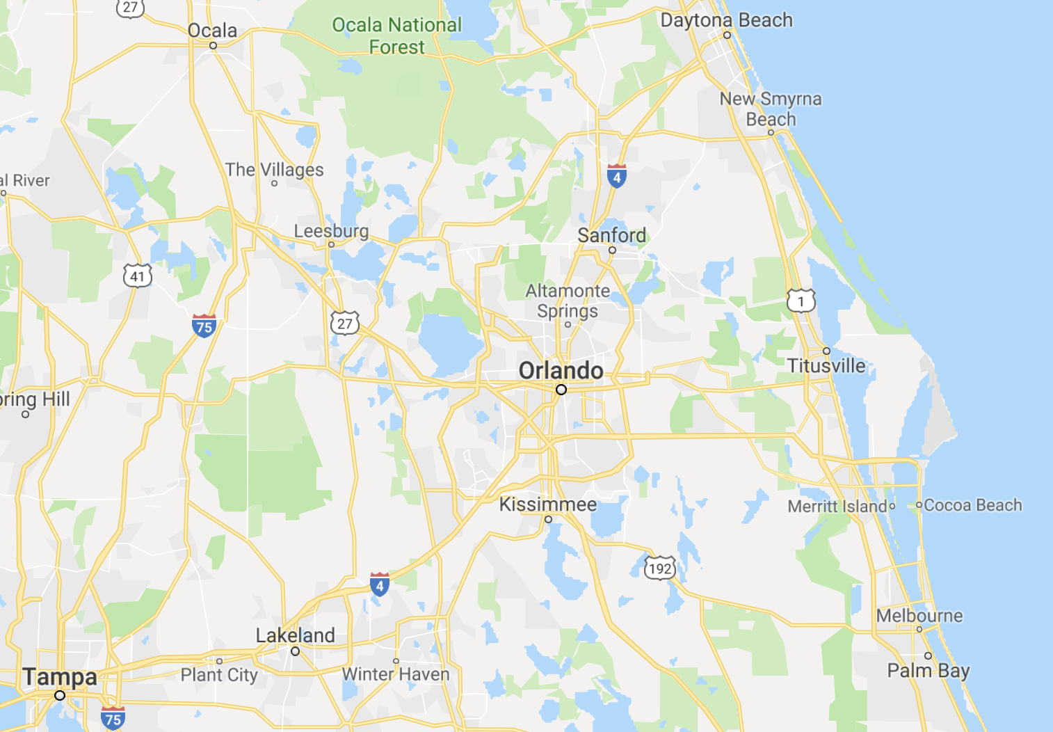 Image of map showing All Florida Parking Lot Striping serves Brevard County (Cocoa Beach, Melbourne, etc.) and throughout Central Florida (from Daytona Beach to Vero Beach to Tampa)